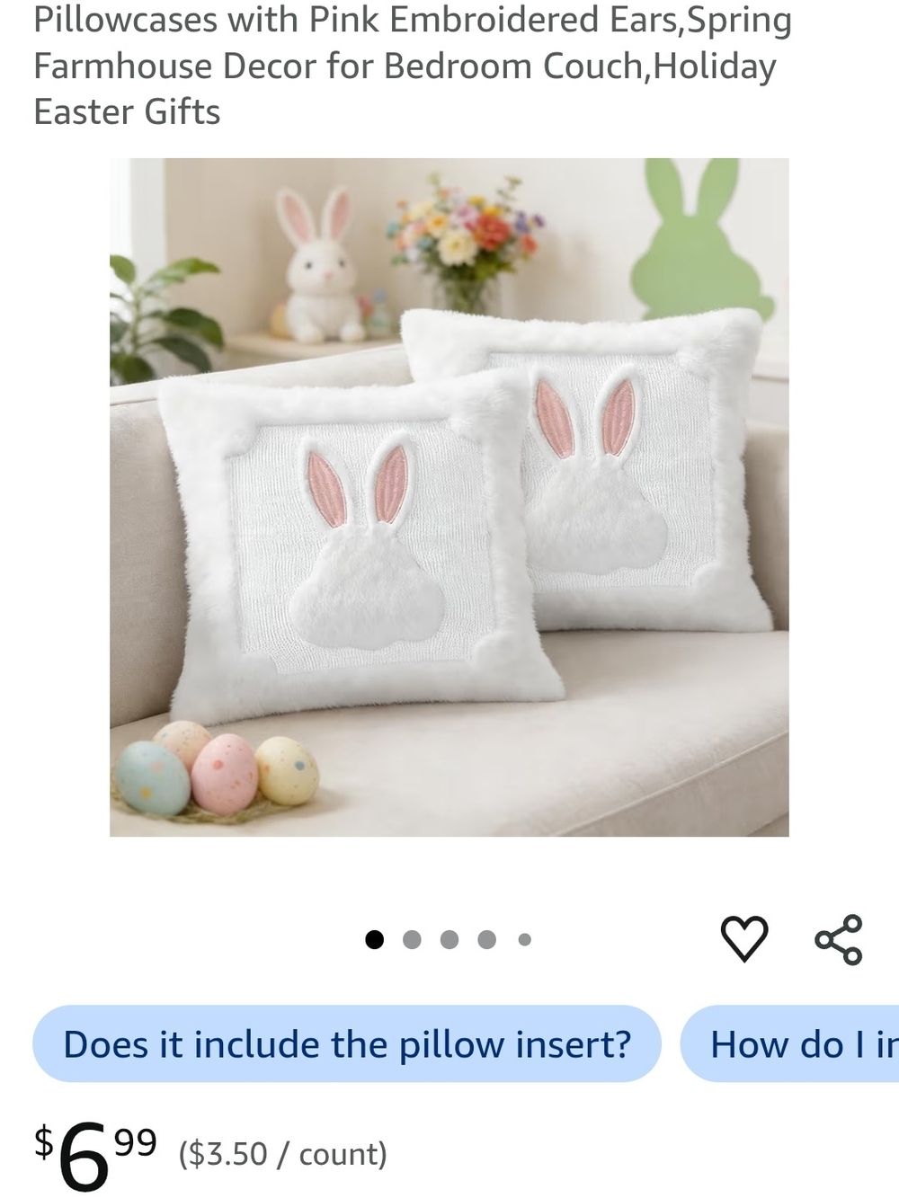 White Bunny Ear Decorative Pillow Cover with Pink Embroidery